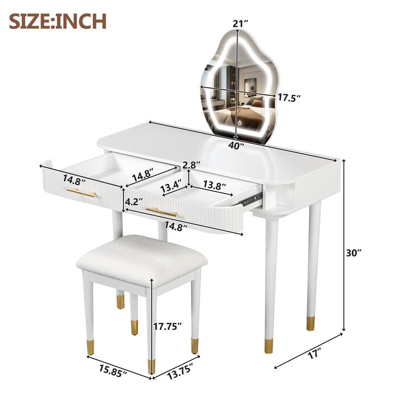 Modern Vanity Table Set With Mirror Touch Screen Lighted Mirror, Dressing Table And Cushioned Stool Set With 2 Large Drawers - White