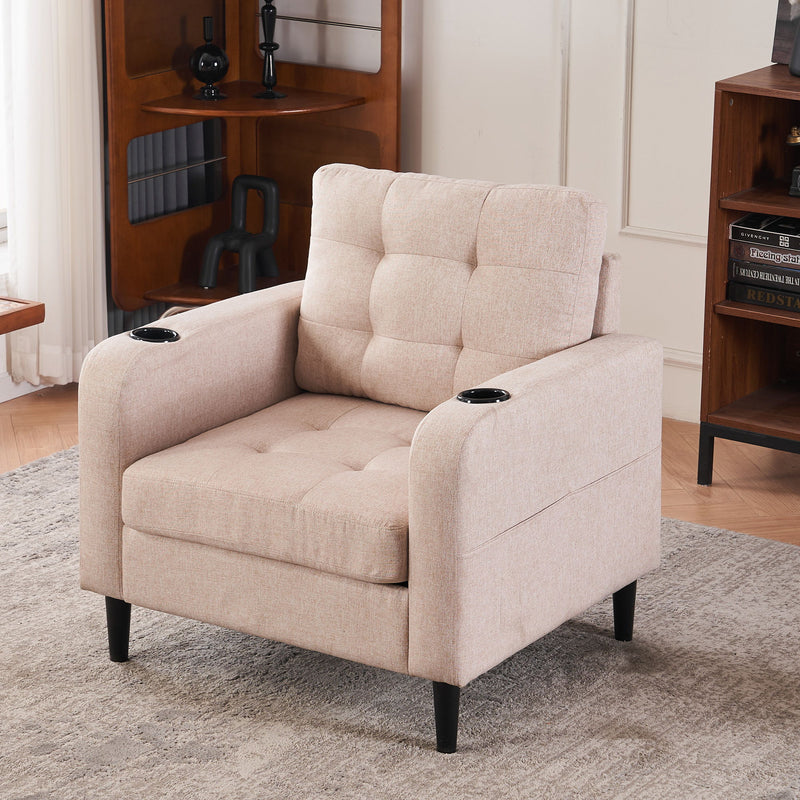 Beige Upholstered Armchair And Storage Ottoman Set, Comfortable Single Sofa With Cup Holders And Tufted Detailing, Ideal For Living Room Or Bedroom - Beige