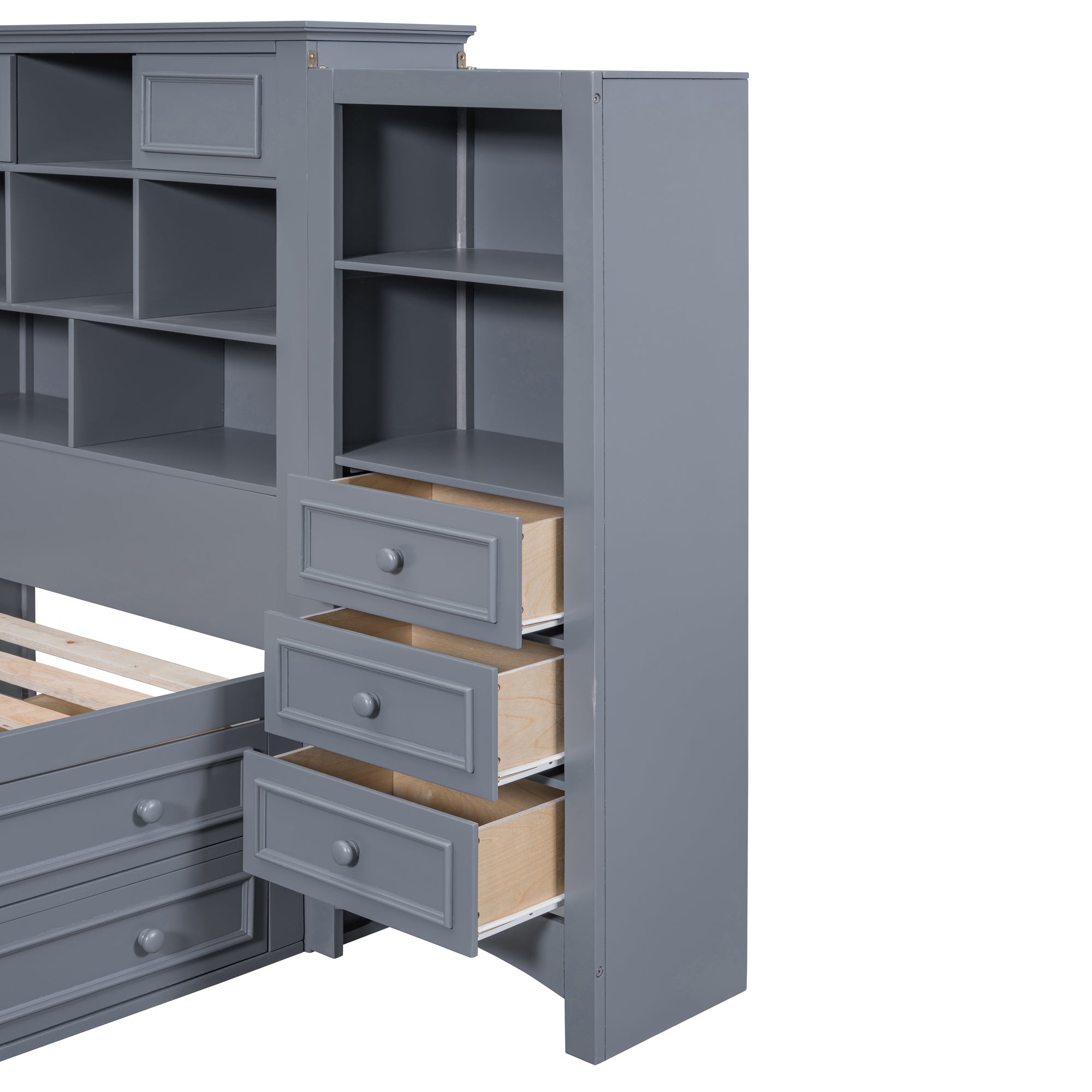Twin Size Wood Platformbed with Vertical All-in-One Cabinet and 4 Drawers on each side, Gray - Atlantic Fine Furniture Melbourne FL