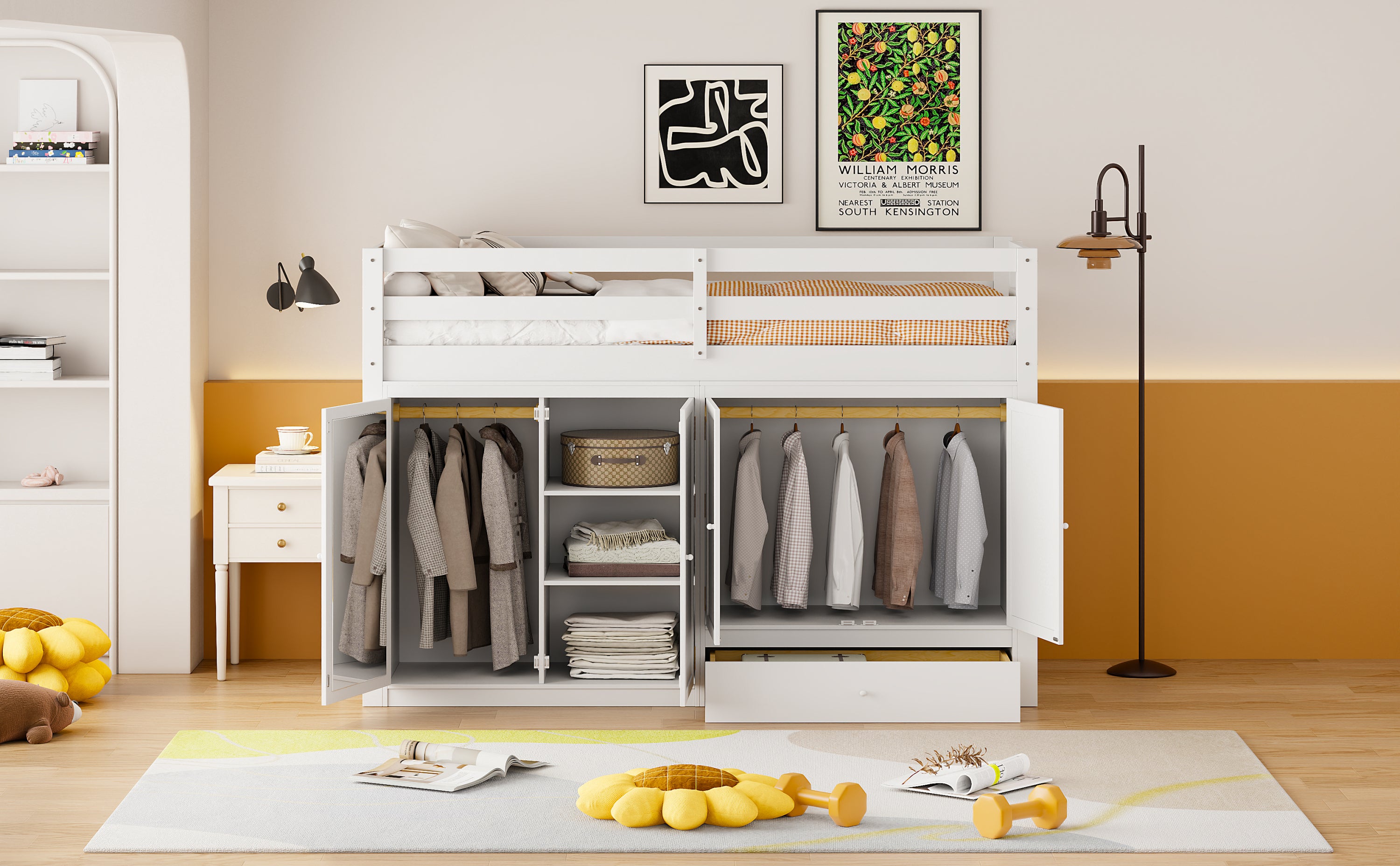 Twin size Loft Bed with Drawer, Two Wardrobes and Mirror, White - Atlantic Fine Furniture Melbourne FL