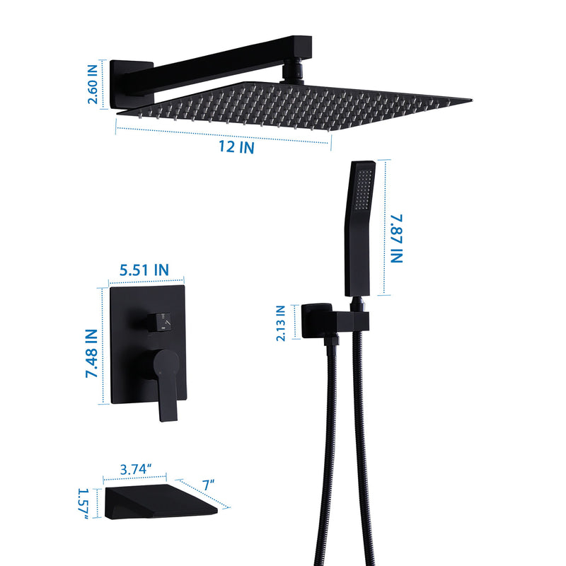 All Metal Tub Shower Faucet Set With 12" Rain Shower Head And Handheld Spray Combo, Wall Mounted - Matte Black
