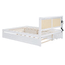 Queen Size Elegant Bed Frame with Rattan Headboard and Sockets ,White