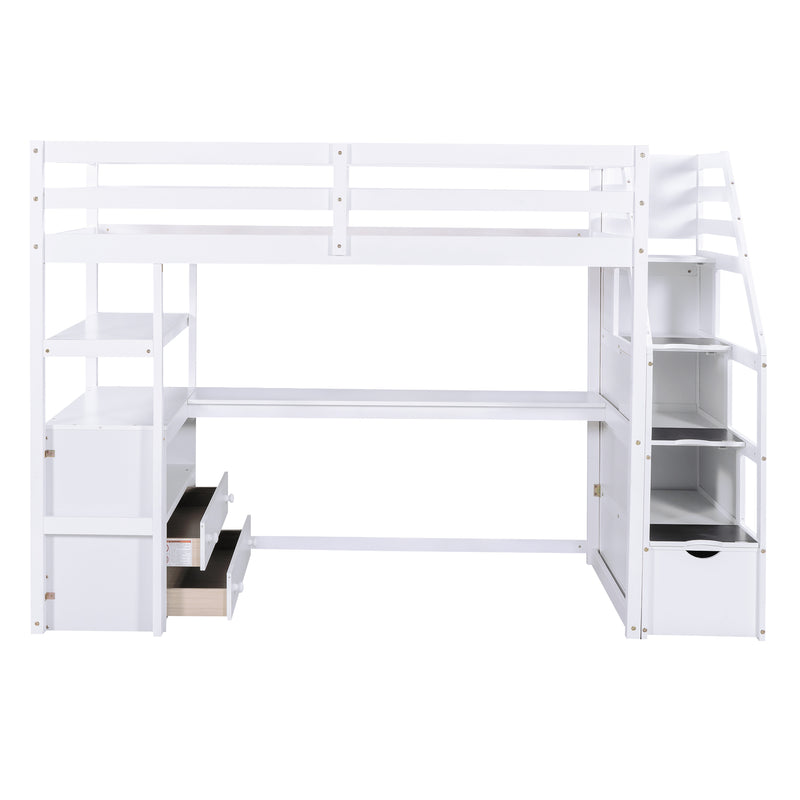 Twin Size Loft Bed with Desk and Shelves, Two Built-in Drawers, Storage Staircase, White