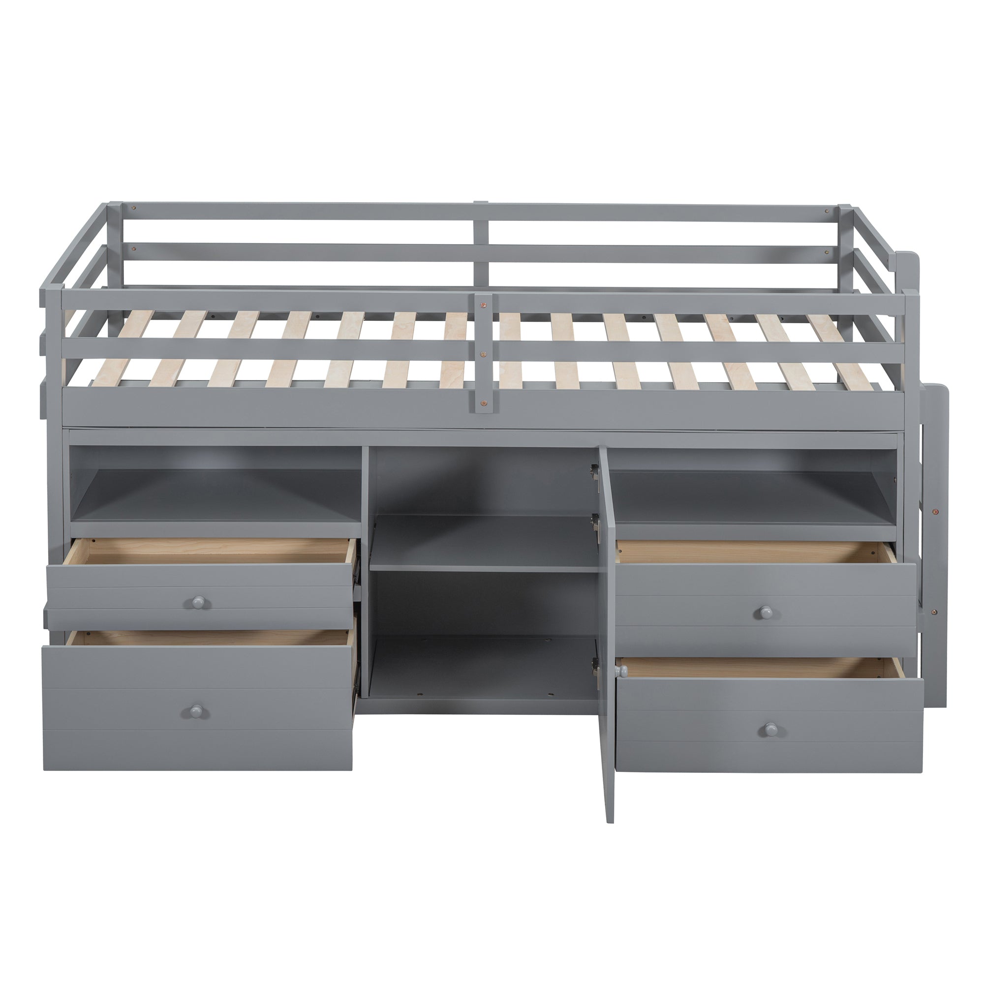 Twin Size Loft Bed with 4 Drawers, Underneath Cabinet and Shelves, Gray - Atlantic Fine Furniture Melbourne FL