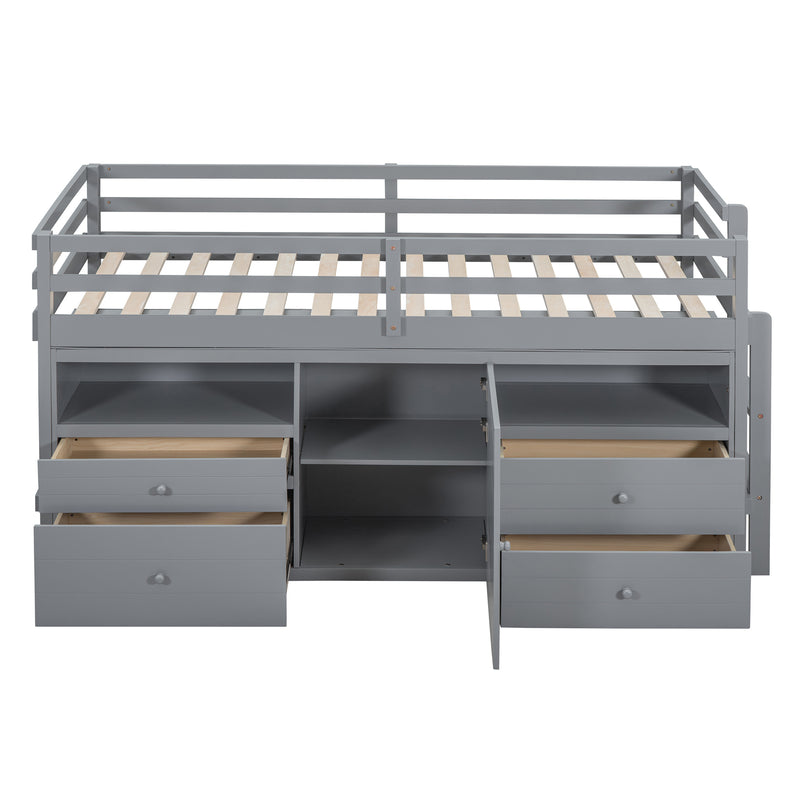 Twin Size Loft Bed with 4 Drawers, Underneath Cabinet and Shelves, Gray