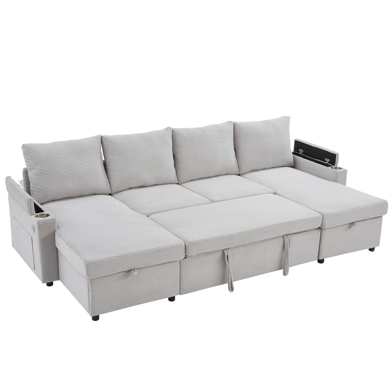 U Shaped Sectional Sofa Bed With Storage Chaise Lounges, USB Ports, And Cup Holders