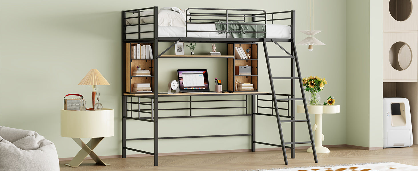 Twin Size Loft Bed with Desk and Shelf , Loft Bed with Ladder,Twin,Black - Atlantic Fine Furniture Melbourne FL