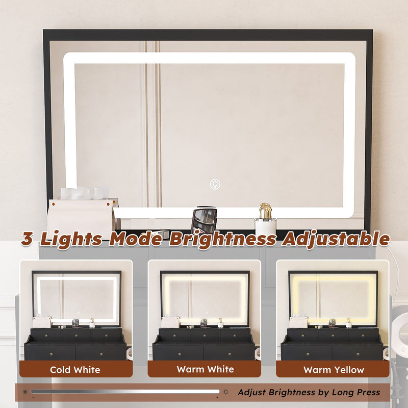 Modern Makeup Vanity Set With Power Outlet, Hair Dryer Holder, And Adjustable Lighting