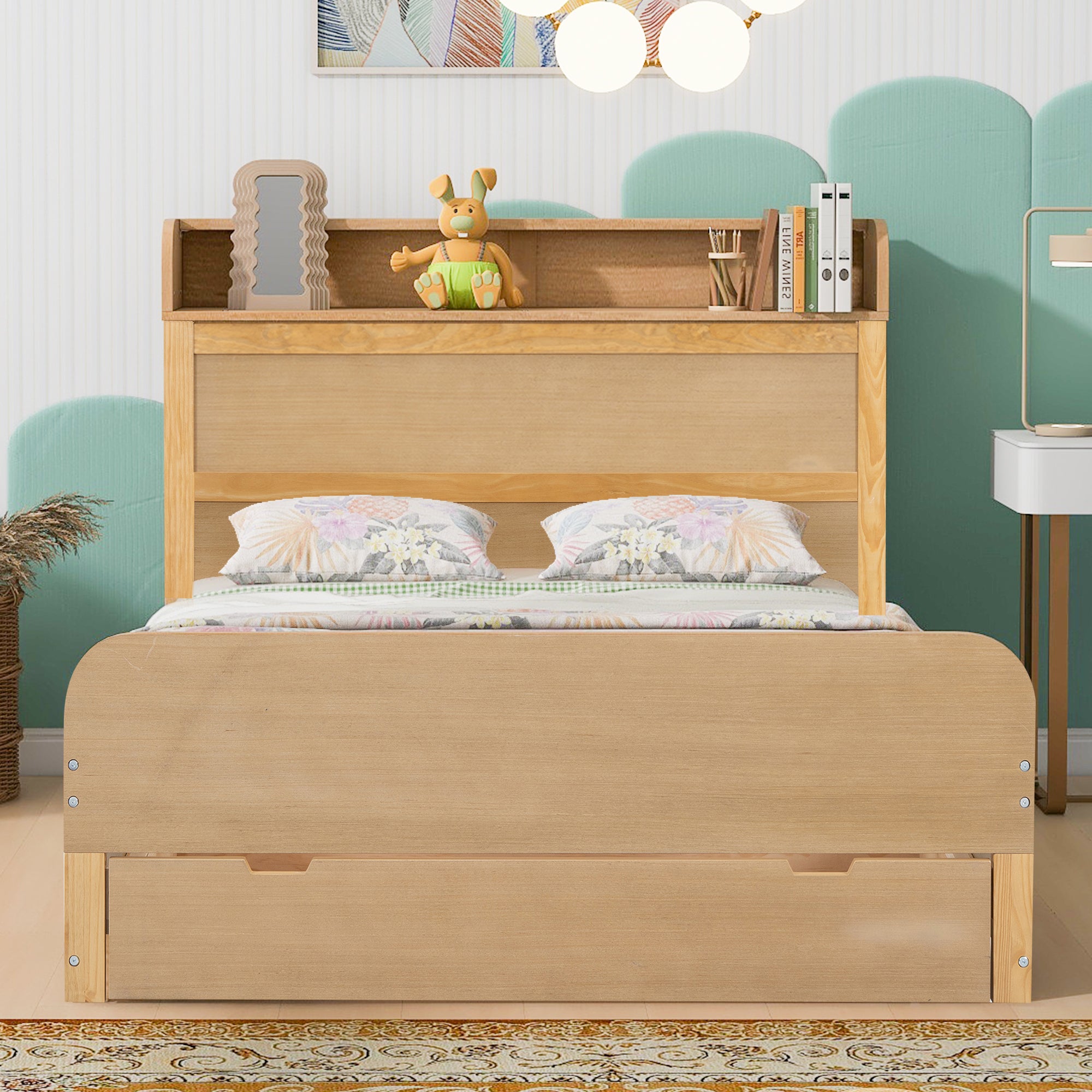 Full Size Platform Bed with Storage Headboard and a Big Drawer, Wood Color - Atlantic Fine Furniture Melbourne FL