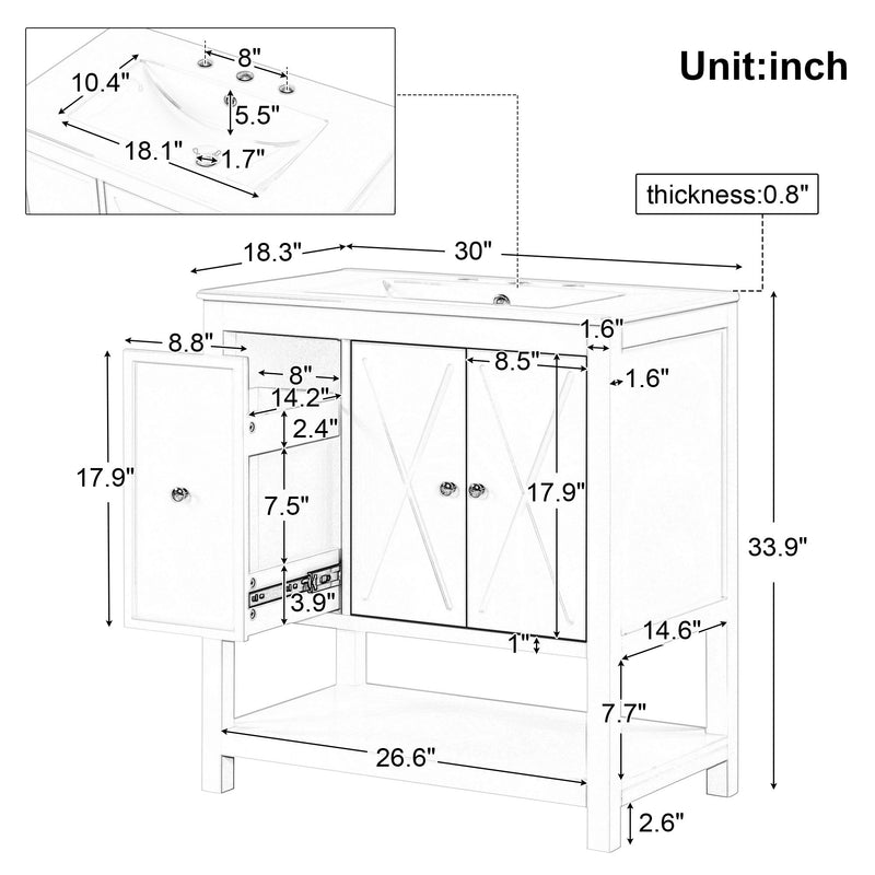 Bathroom Vanity With Sink Top, Bathroom Vanity Cabinet With Two Doors And One Drawer, MDF Boards, Solid Wood, One Package - White