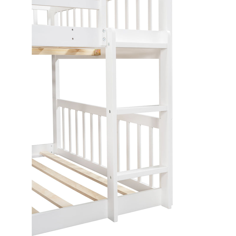 Full Over Full Over Full Triple Bed With Built-In Ladder And Slide, Triple Bunk Bed With Guardrails - White