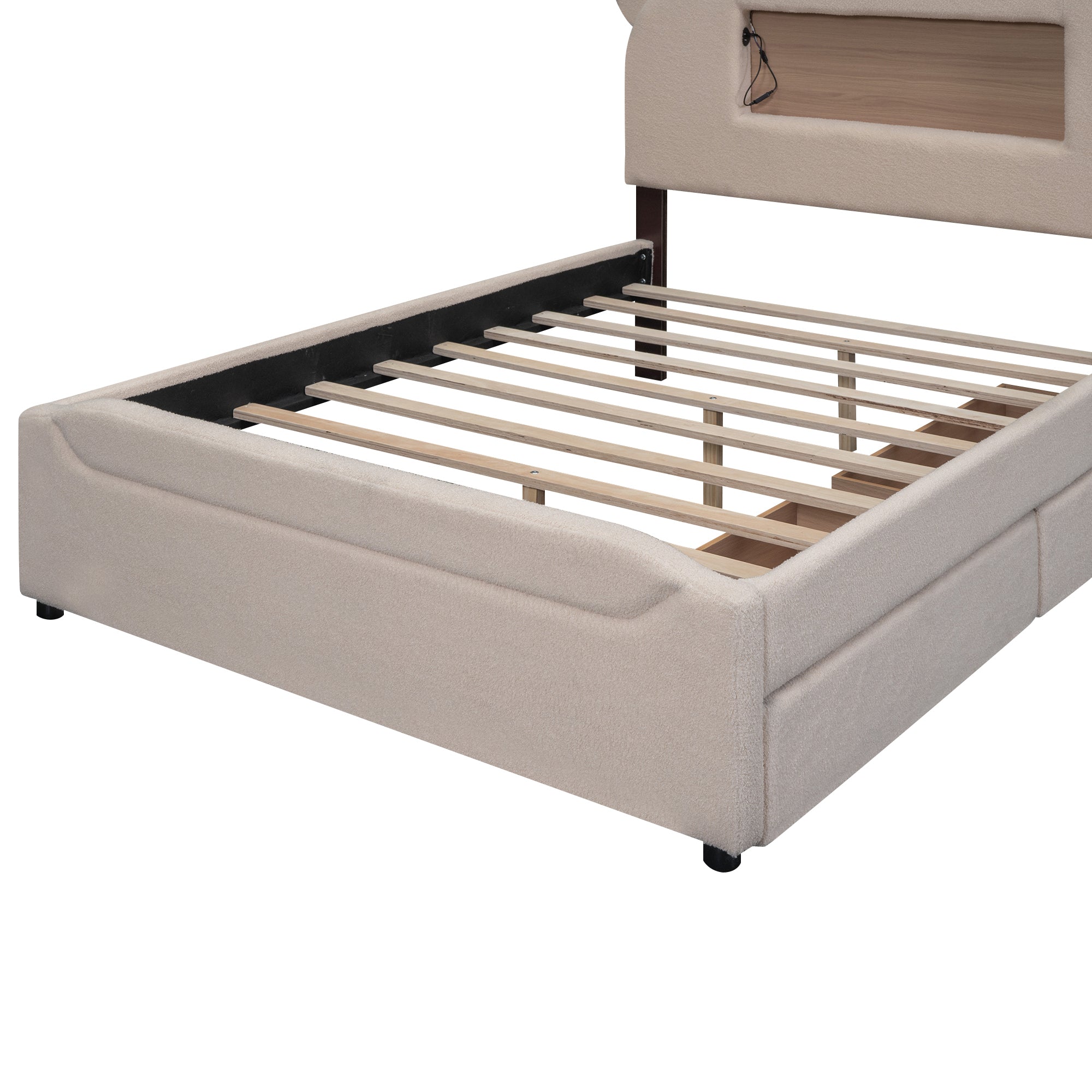 Full Size Upholstered Storage Platform Bed with Cartoon Ears Shaped Headboard, LED and USB, Beige - Atlantic Fine Furniture Melbourne FL