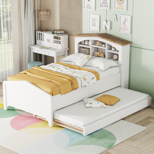 Twin Size Wood Platform Bed With House Shaped Storage Headboard And Trundle, White