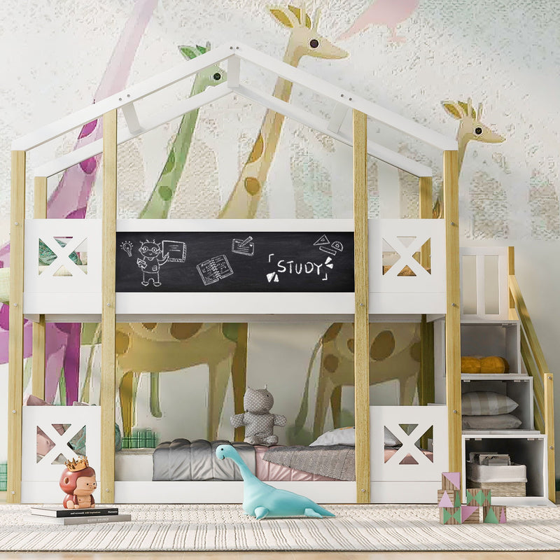 Twin Over Twin House Bunk Bed With White Storage Staircase And Blackboards - White