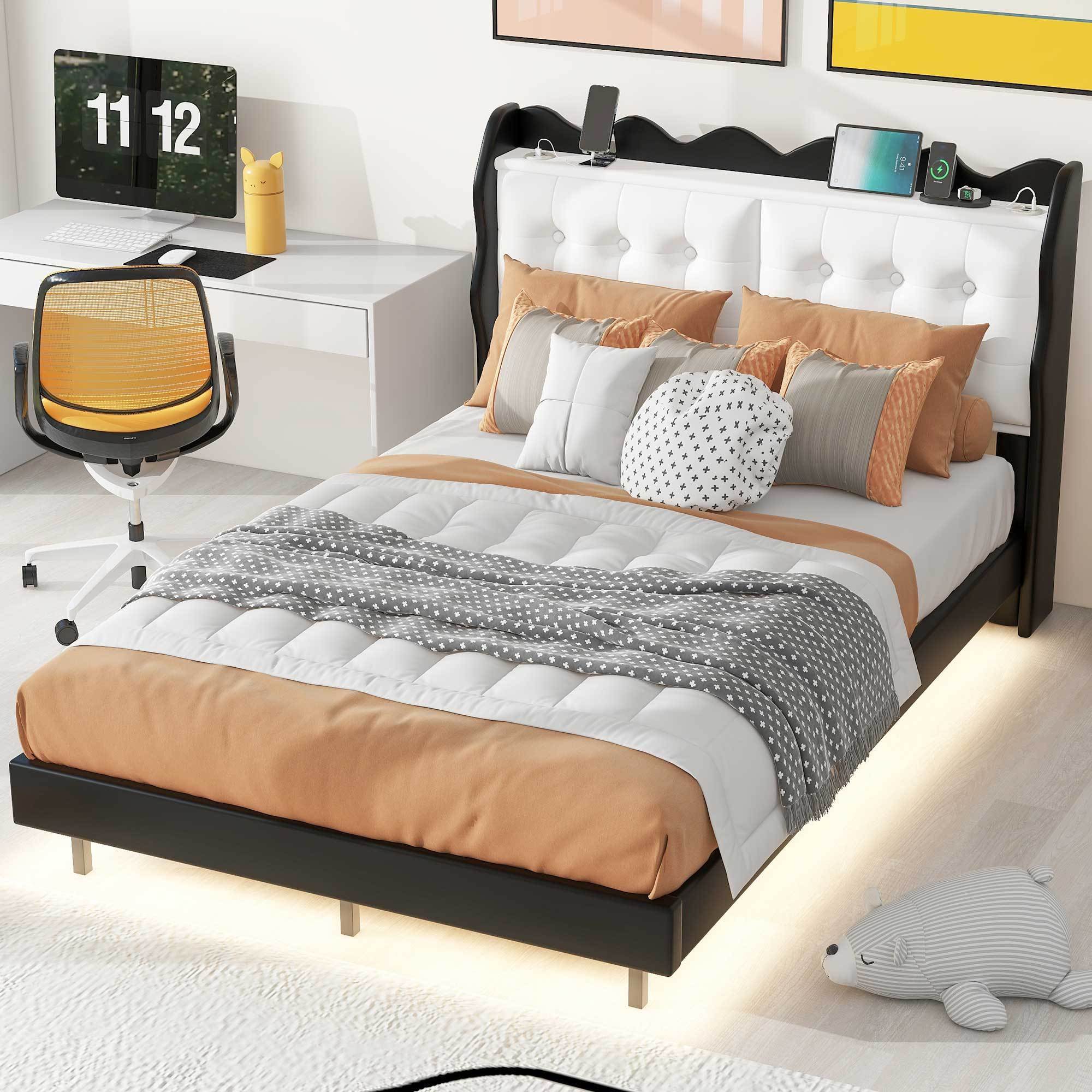 Full Size Upholstery Platform Bed Frame with LED Light Strips and Built-in Storage Space,Black - Atlantic Fine Furniture Melbourne FL