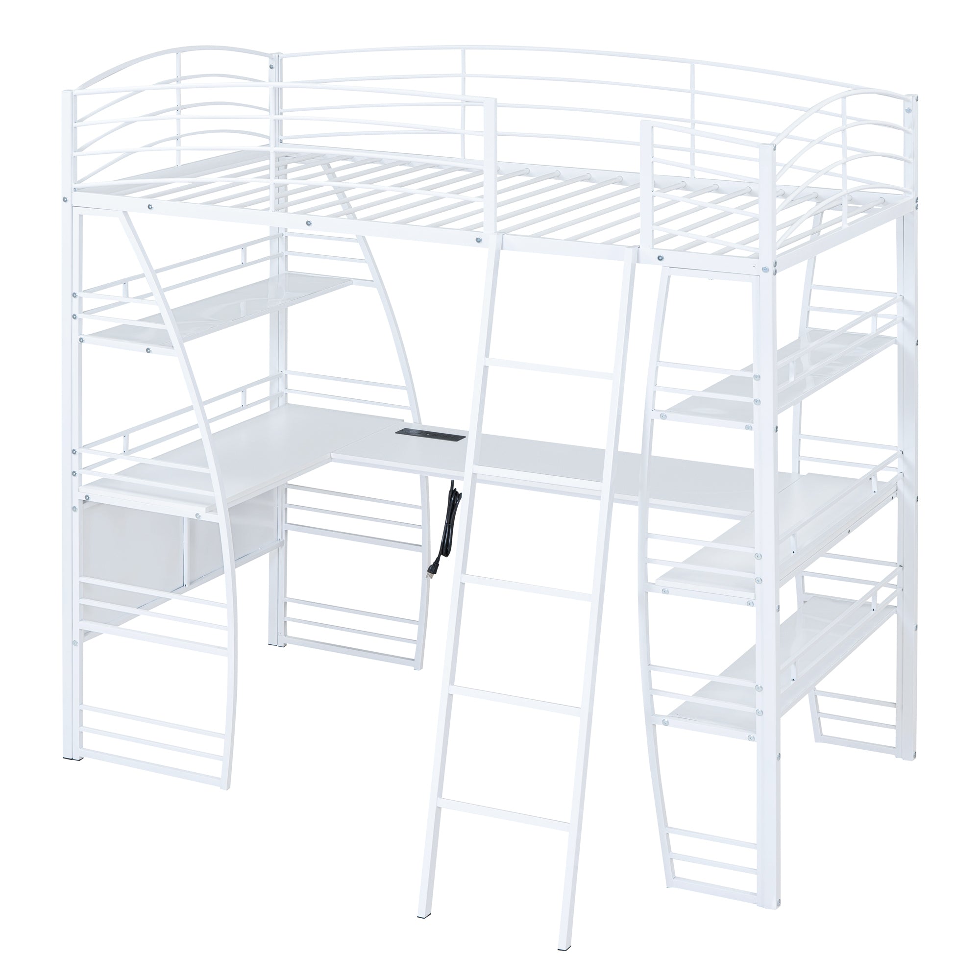 Twin Size Loft Bed with 4 Layers of Shelves and L-shaped Desk, Stylish Metal Frame Bed with a set of Sockets, USB Ports and and Wireless Charging, White - Atlantic Fine Furniture Melbourne FL