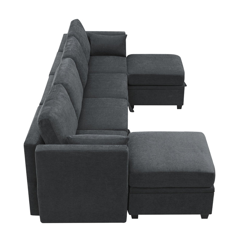 Chenille Modular Sectional Sofa, U Shaped Couch With Adjustable Armrests And Backrests, 6 Seat Reversible Sofa Bed With Storage Seats For Living Room, Apartment