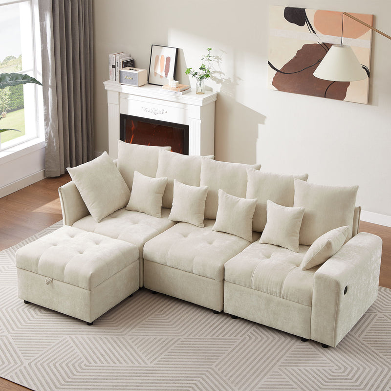 Sectional Sofa Modular Sofa Couch With Three USB Ports, A Removable Storage Ottoman And Five Back Pillows For Living Room