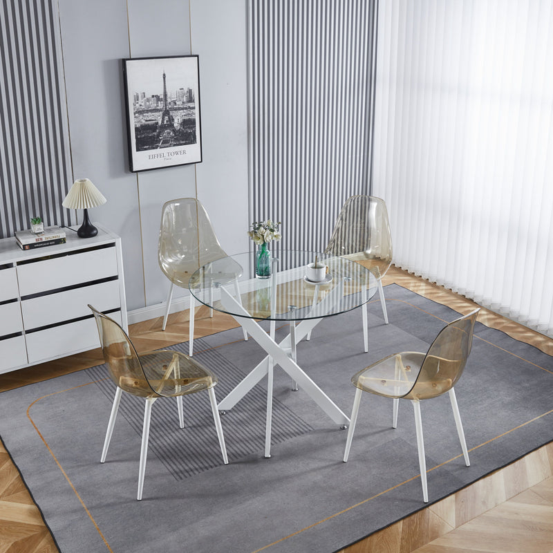 Dining Table With Cross Metal Leg And Tempered Glass, Modern Space Saving Kitchen Table For Living Room