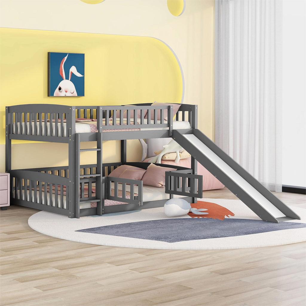 Bunk Bed with Slide Full Over Full Low Bunk Bed with Fence and Ladder for Toddler Kids Teens Gray Atlantic Fine Furniture Inc