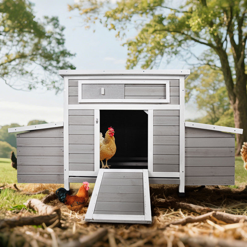 Large Chicken Coop Outdoor Hen House With 2 Sides Nesting Boxes - Gray / White Matte