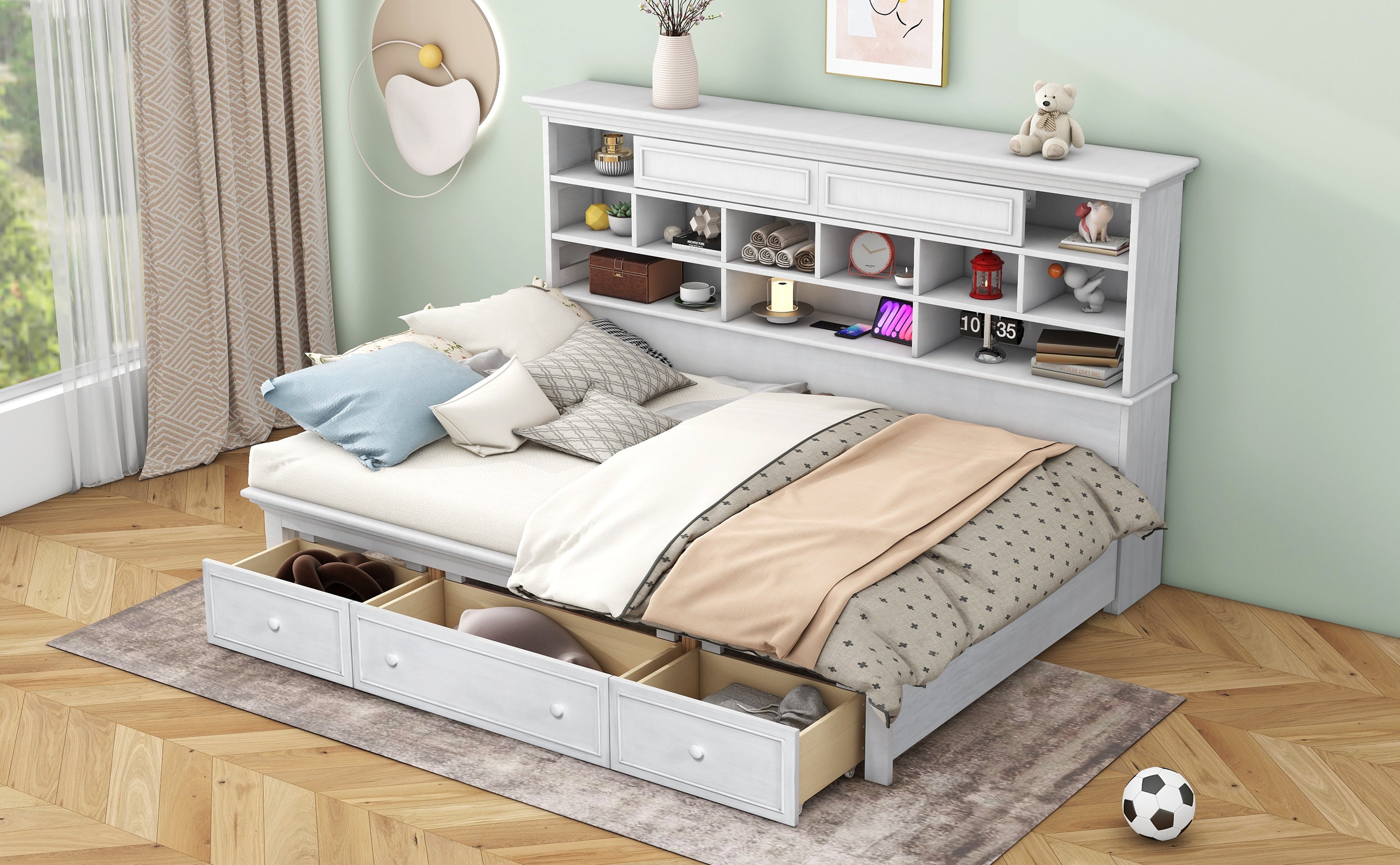 Twin Size Wood Daybed with Multi-Storage Shelves, Charging Station and 3 Drawers, Antique White - Atlantic Fine Furniture Melbourne FL
