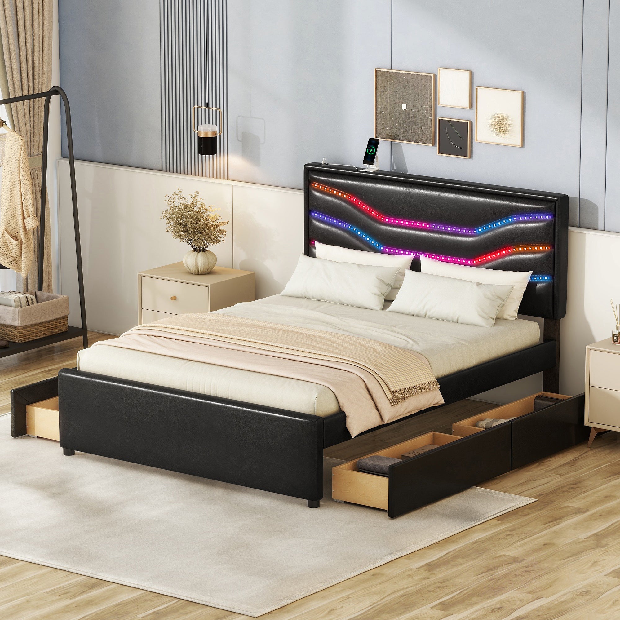 Queen Size Upholstered Storage Platform Bed with LED, 4 Drawers and USB Charging, Black - Atlantic Fine Furniture Melbourne FL