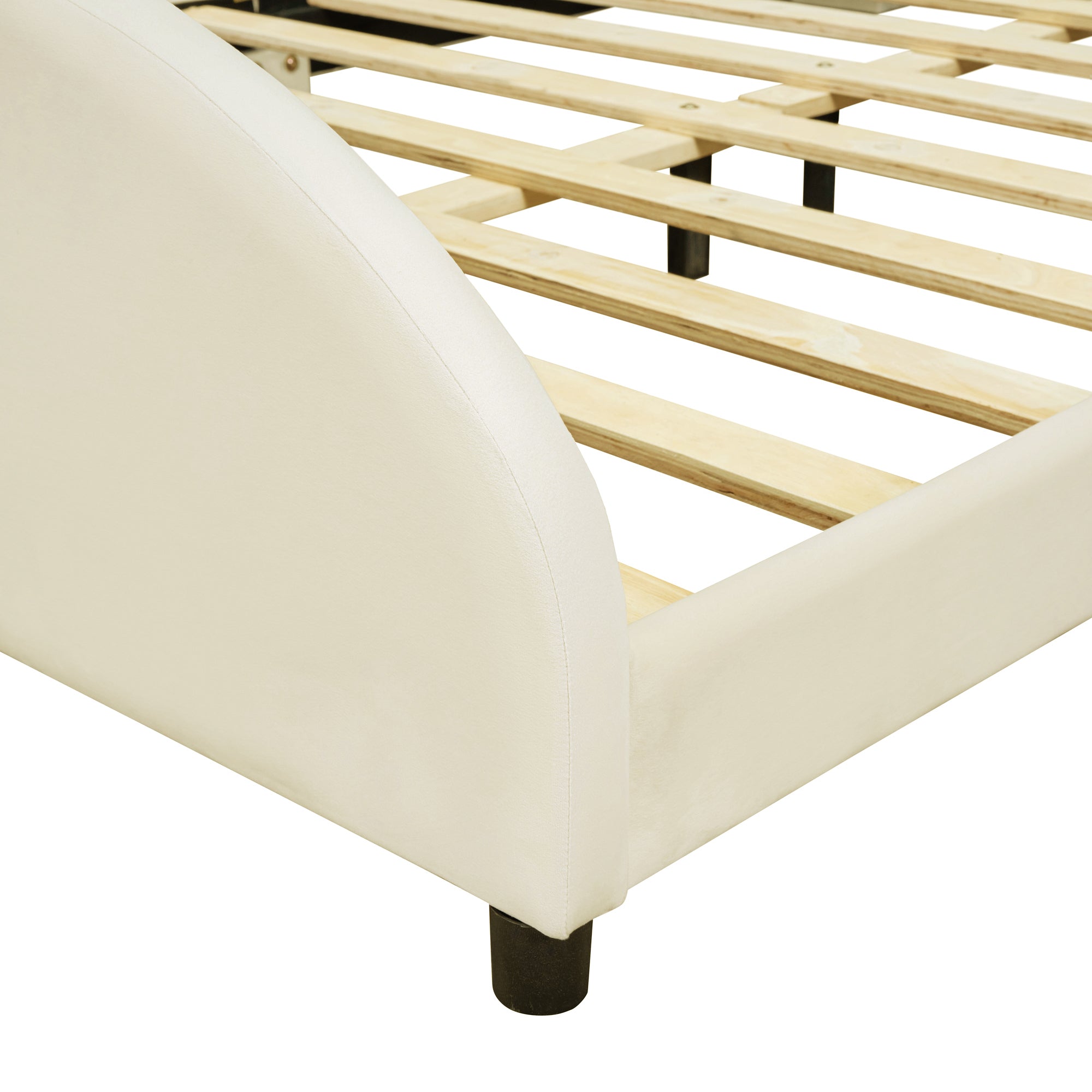 Full Size Upholstered Platform Bed with Bear-Shaped Headboard and Embedded Light Stripe, Velvet, Beige - Atlantic Fine Furniture Melbourne FL
