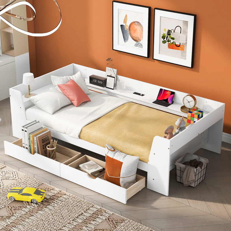 Twin Size Daybed with Shelves, Drawers and Built-In Charging Station, White