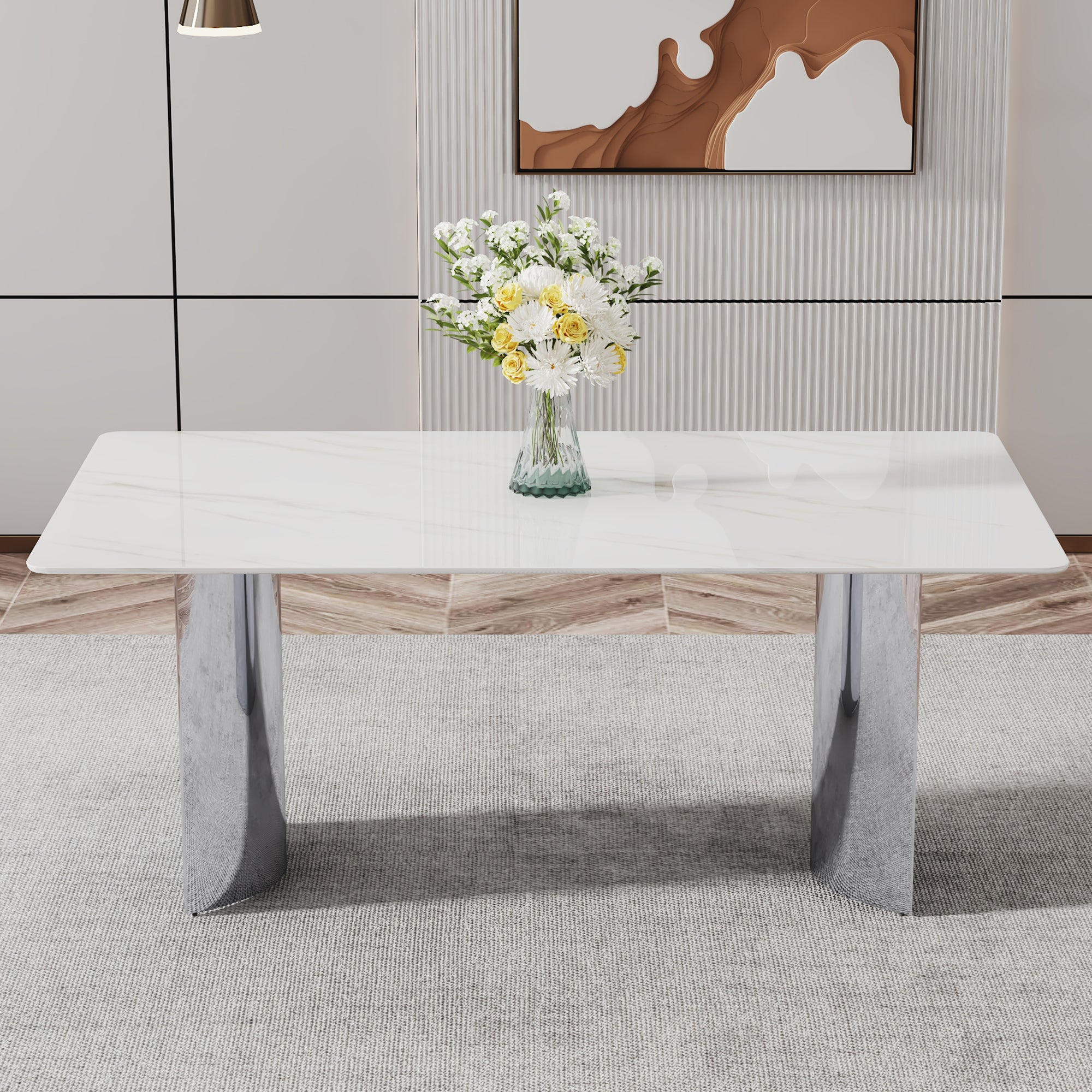 Modern minimalist dining table. The white imitation marble glass desktop is equipped with silver metal legs. Suitable for restaurants and living rooms  71" *39.3" *29.5"  DT-69