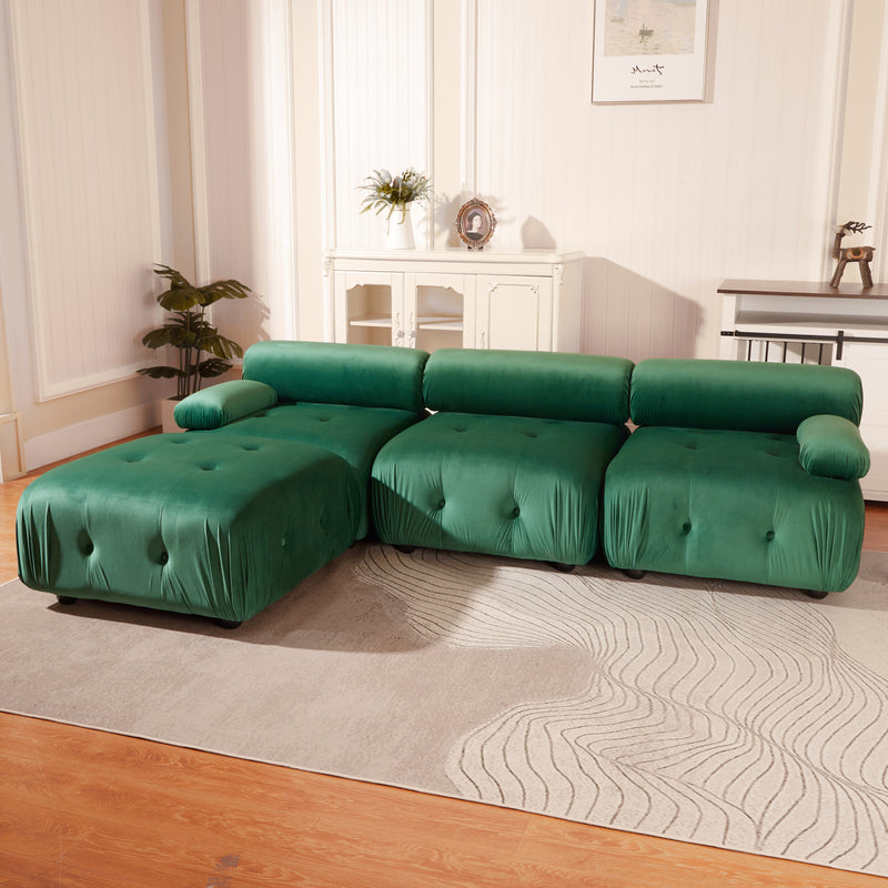 Modular Sectional Sofa Couch, Modern L Shaped Cloud Couch with Reversible Ottoman Convertible Button Tufted Velvet Fabric Couches for Living Room, DIY Combination,Green