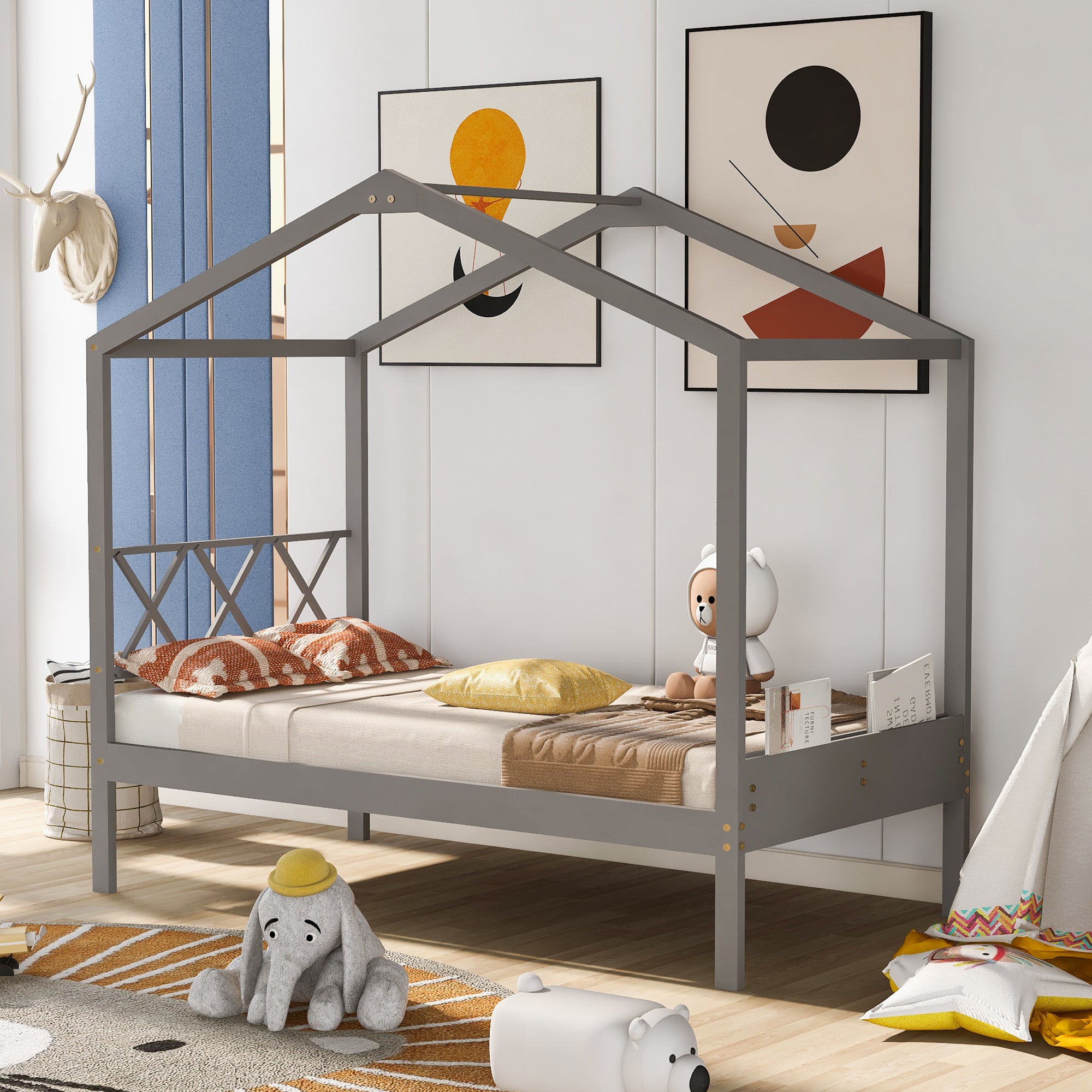 Twin Size Wood House Bed with Storage Space, Gray(OLD SKU: LP000001AAE) - Atlantic Fine Furniture Melbourne FL