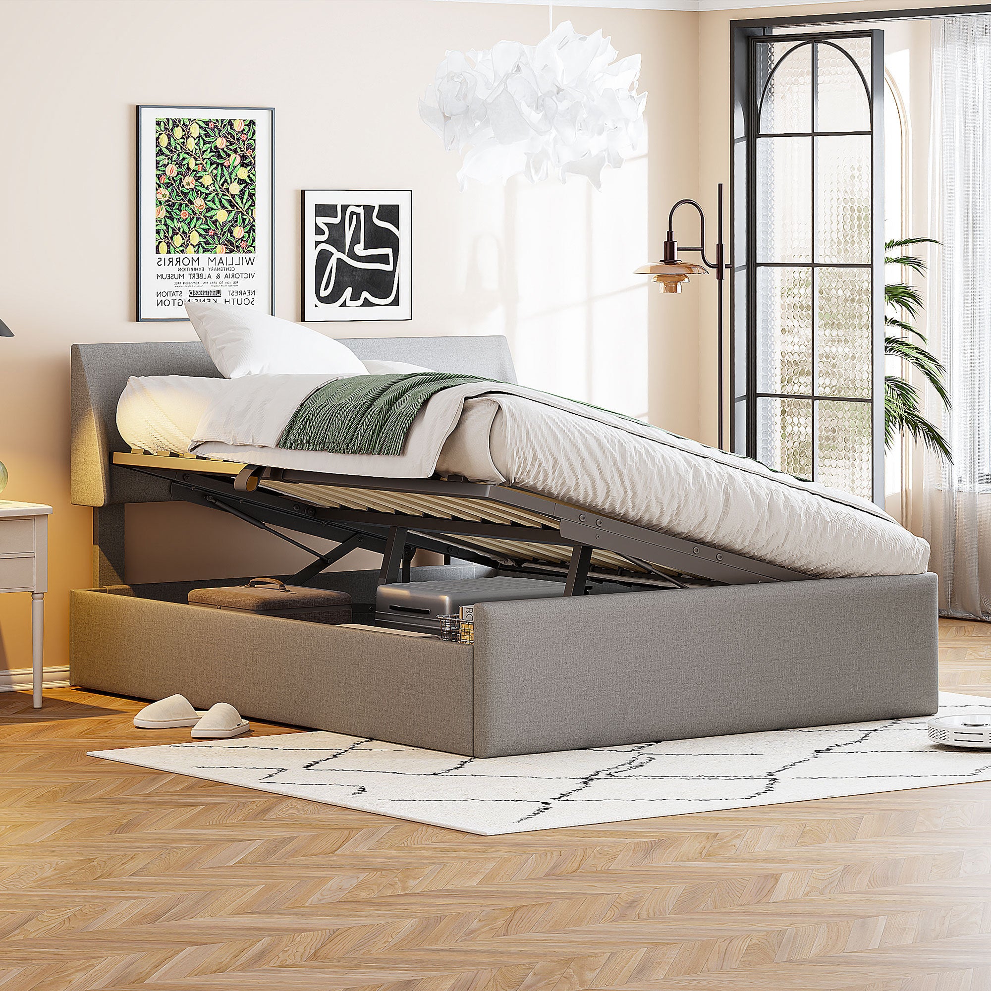 Full Size Sleigh Bed with Side-Tilt Hydraulic Storage System, Linen Upholstery, Gray - Atlantic Fine Furniture Melbourne FL