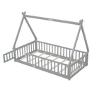 Twin Tent-shaped Floor Bed, with Guardrails, Slats, Door ,Grey