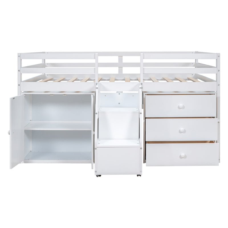 Full Size Functional Loft Bed with Cabinets and Drawers, Hanging Clothes at the back of the Staircase, White