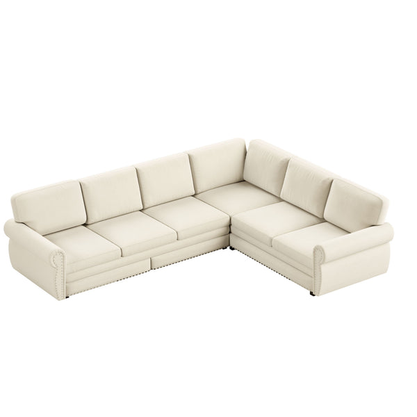 L-Shaped Sofa Couch With Pull Out Bed With Nailhead Trim & Rolled Arm, Sectional Couches, For Living Room - Beige