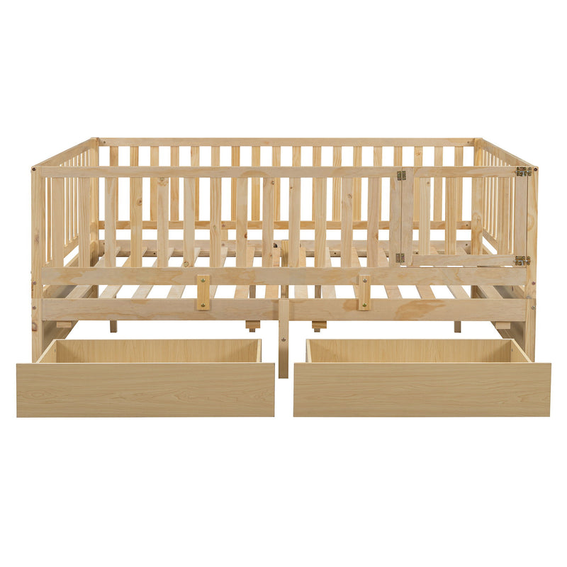 Daybed With Fence Guardrails And 2 Drawers, Split Into Independent Floor Bed & Daybed