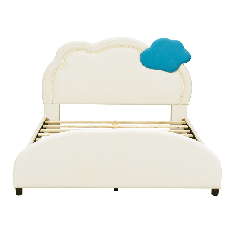Full Size Upholstered Platform Bed with Cloud-Shaped Headboard and Embedded Light Stripe, Velvet, Beige