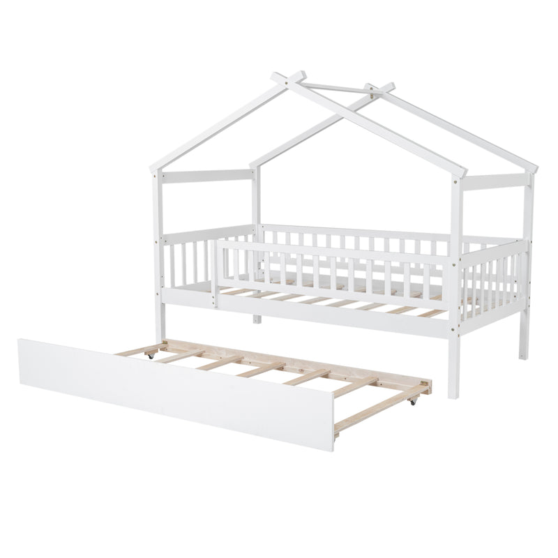 Twin Size Wooden House Bed with Twin Size Trundle, White