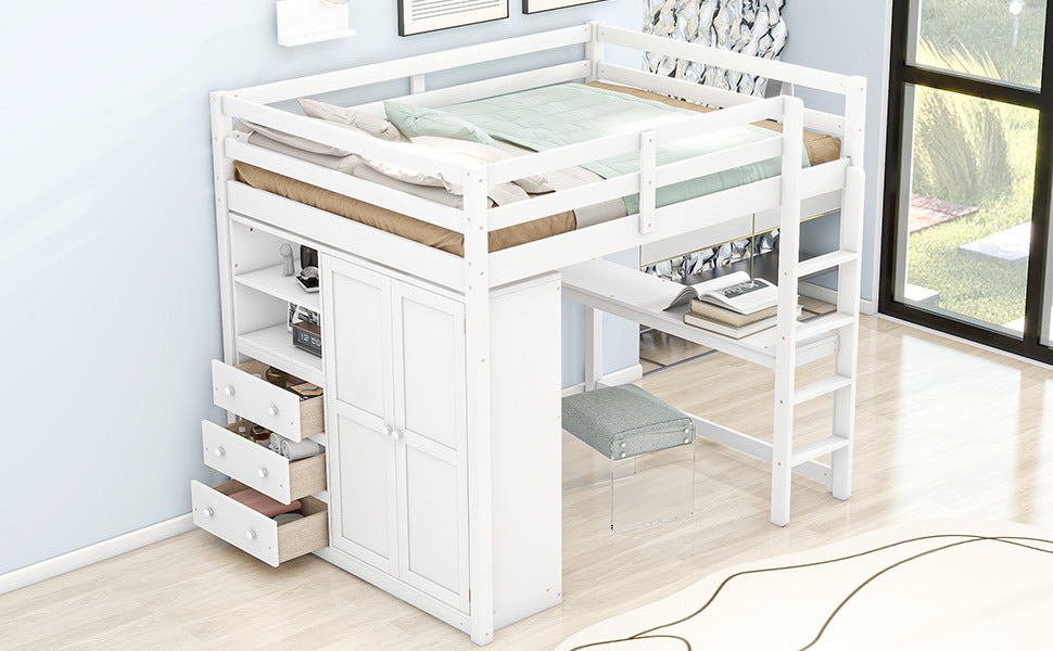 Wood Full Size Loft Bed with Built-in Wardrobe, Desk, Storage Shelves and Drawers, White - Atlantic Fine Furniture Melbourne FL