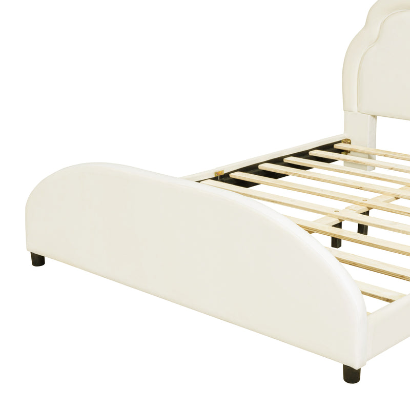 Full Size Upholstered Platform Bed with Cloud-Shaped Headboard and Embedded Light Stripe, Velvet, Beige