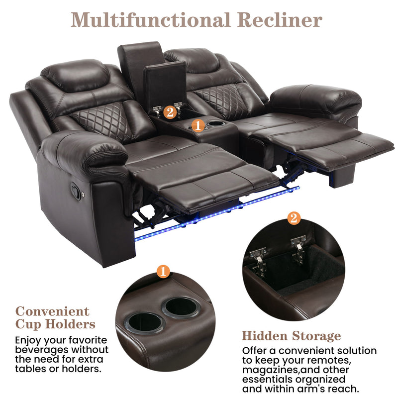 3 Pieces Recliner Sofa Sets Home Theater Seating Manual Recliner Chair With Center Console And LED Light Strip For Living Room