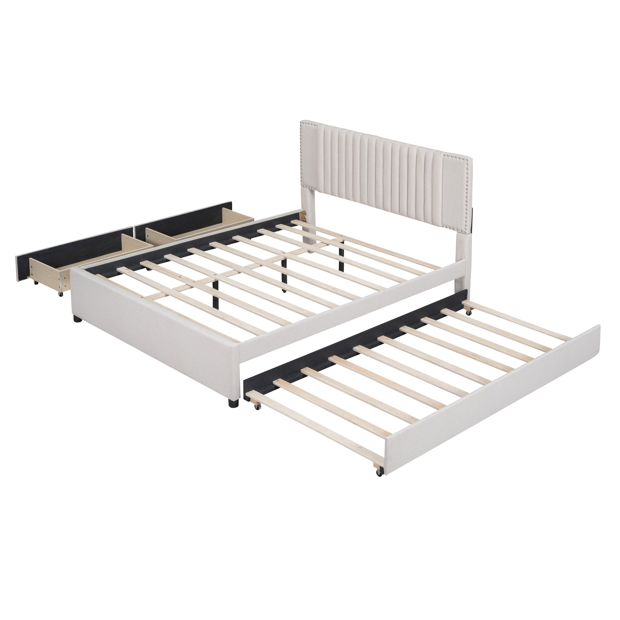 Queen Size Upholstered Platform Bed with 2 Drawers and 1 Twin XL Trundle, Classic Headboard Design, Beige - Atlantic Fine Furniture Melbourne FL