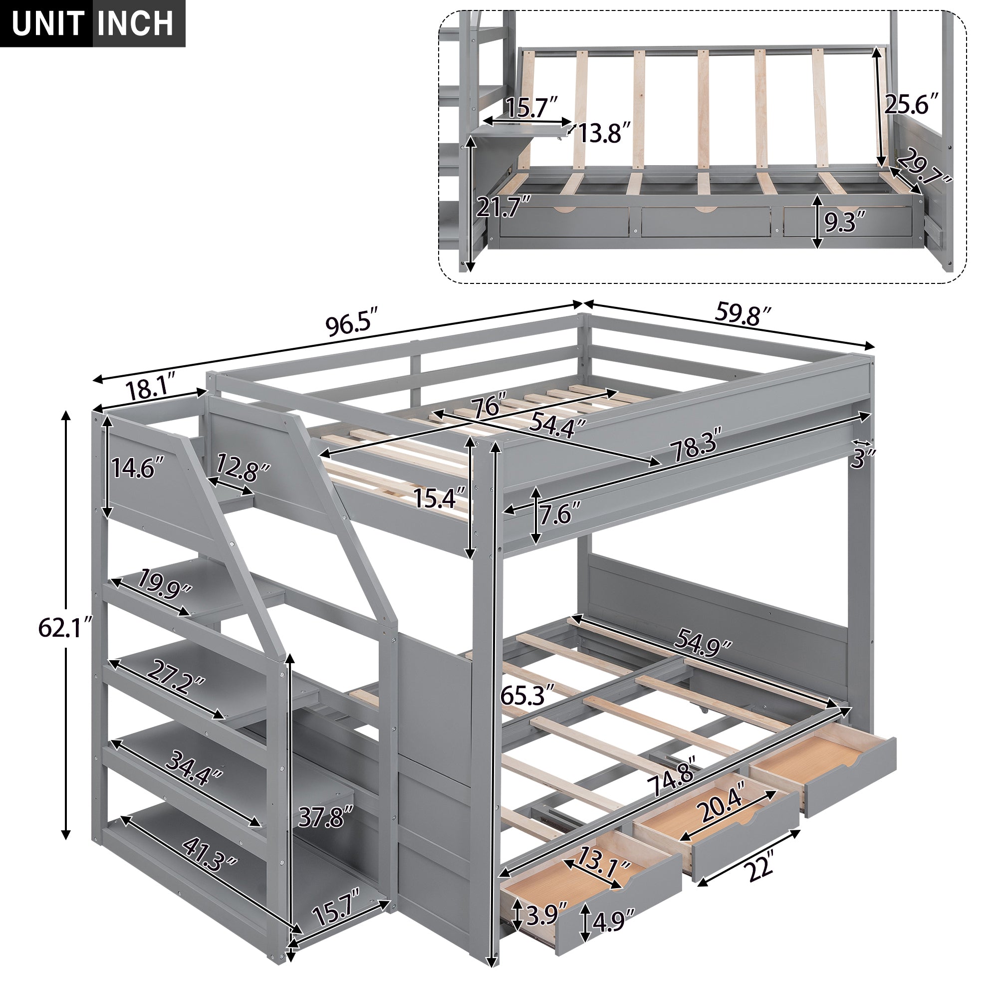 Wood Full Size Convertible Bunk Bed with Storage Staircase, Bedside Table, and 3 Drawers, Gray - Atlantic Fine Furniture Melbourne FL