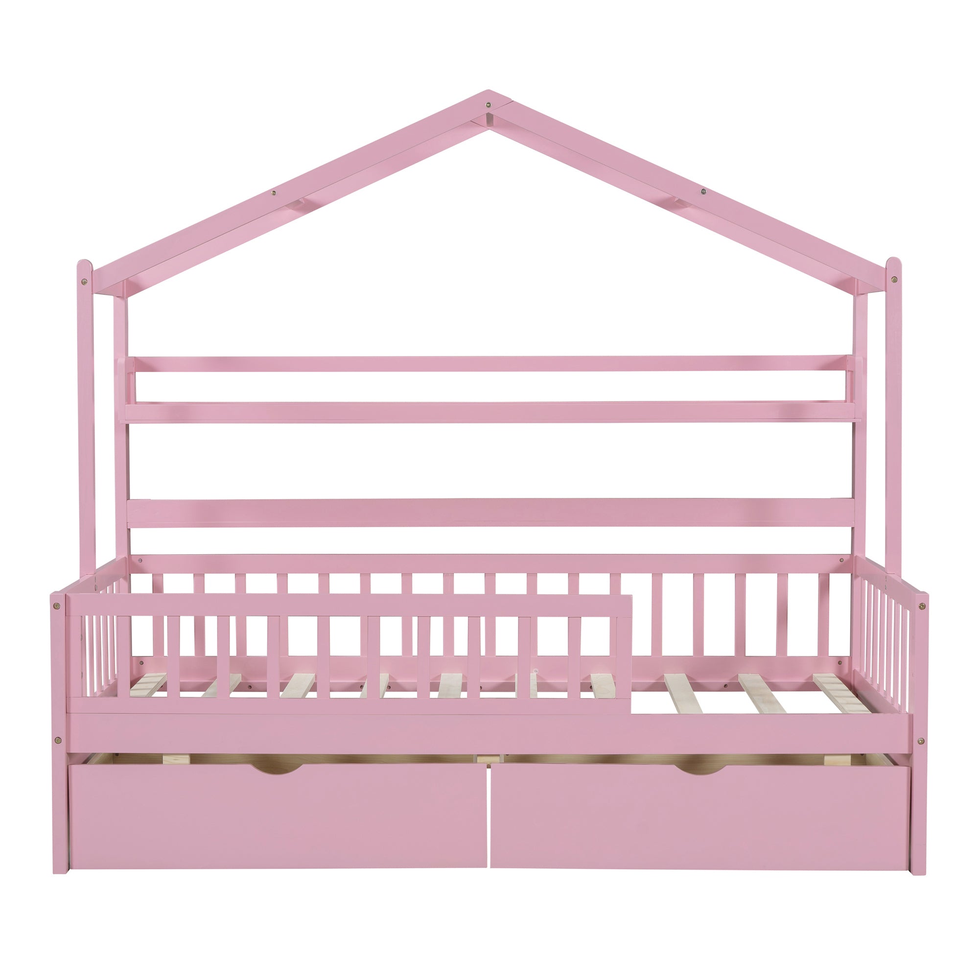 Wooden Twin Size House Bed with 2 Drawers,Kids Bed with Storage Shelf, Pink - Atlantic Fine Furniture Melbourne FL