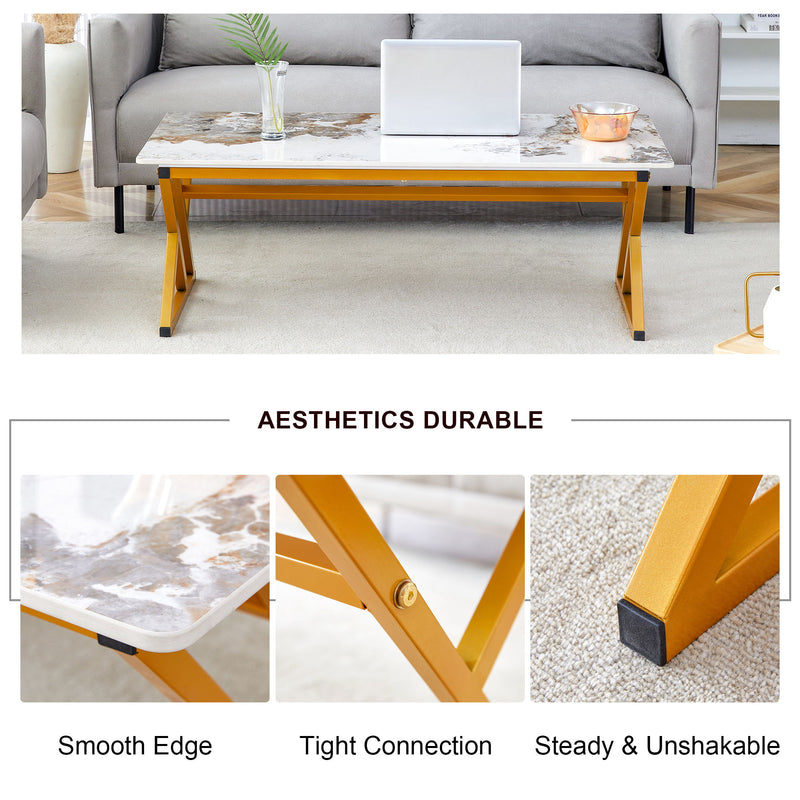 Coffee Table With A Natural And Smooth Marble Pattern On The Surface - Gold