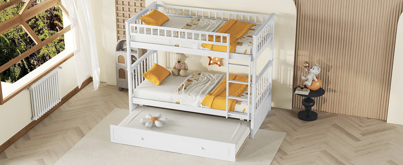 Twin over Twin Bunk Bed with Twin Size Trundle, Convertible Beds, White