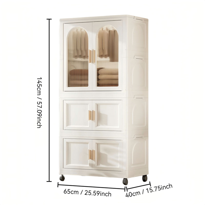 Side Wide Folding Wardrobe, With Magnetic Door, Plastic Storage Cabinet With Wheels (1 Layer Of Wardrobe + 2 Layers Of Folding Boxes + 10 Hangers) - Cream White