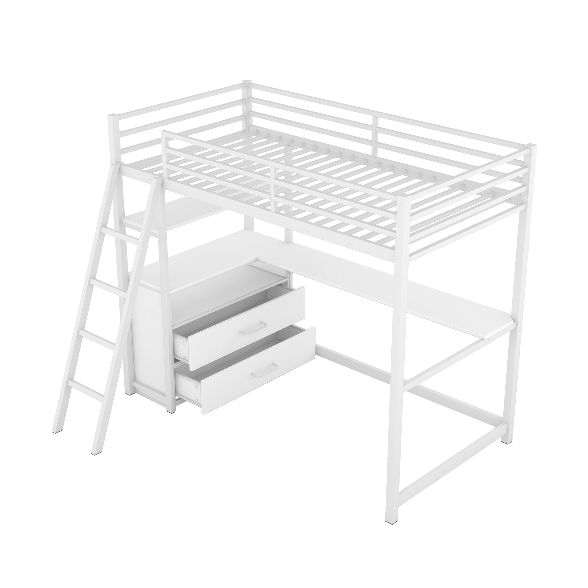 Twin Size Metal&Wood Loft Bed with Desk and Shelves, Two Built-in Drawers, White - Atlantic Fine Furniture Melbourne FL