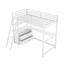 Twin Size Metal&Wood Loft Bed with Desk and Shelves, Two Built-in Drawers, White